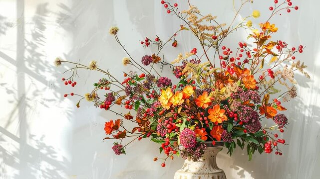 Elegant autumn floral arrangement in a ceramic vase with soft window light