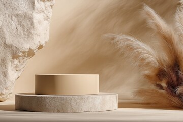 Beige pedestal, rocks, pampas grass.  A light beige, minimalist display platform, featuring a round, light beige cylinder atop a circular, stone base, set against a backdrop 