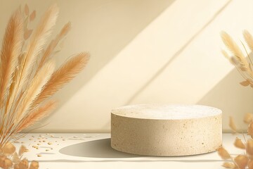 Beige cylinder podium with pampas grass