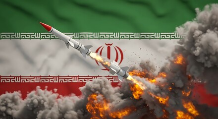 Iranian missile launch with flag background, war and conflict, missile technology, international relations