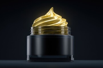 Golden cream in a black jar.  A luxurious, golden face cream sits atop a dark, sleek jar.  The cream is swirled and highlighted, showcasing its texture