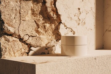 Cream jar on beige stone shelf