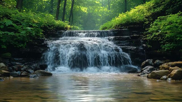 A peaceful waterfall cascades gently over rocks, creating a soothing melody as water flows into a clear pool. Sunlight filters through trees, enhancing the serene atmosphere.