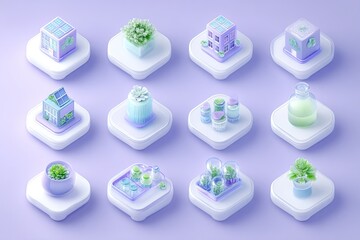 Miniature, pastel-colored, 3D models of houses, plants, and gardens on white platforms, set against a lilac background.  Geometric shapes
