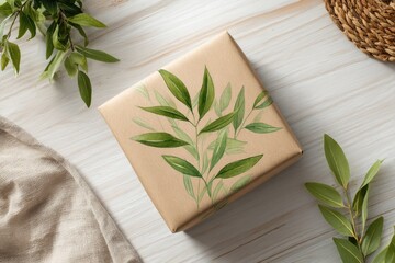 Gift box with light-green leaves on beige wrapping paper, surrounded by sprigs and a cloth