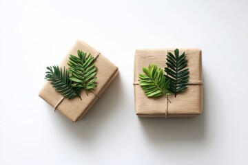 Two kraft paper wrapped gifts adorned with small, vibrant green leaves