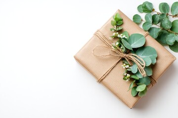 Gift box adorned with eucalyptus sprigs and twine