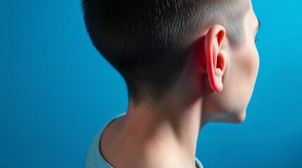Close up of human head with focus on ear. Concept of hearing issues, earache