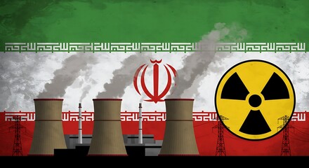 Iran nuclear program concept illustration with reactor and radiation symbol on iranian flag background