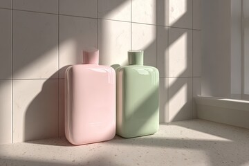 Two pastel-colored bottles, likely for shower products, sit on a light countertop in a sunlit bathroom