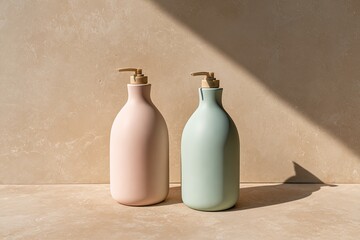 Two pastel-colored pump bottles, likely for liquids like shampoo or lotion, sit on a light beige surface.  Sunlight casts shadows