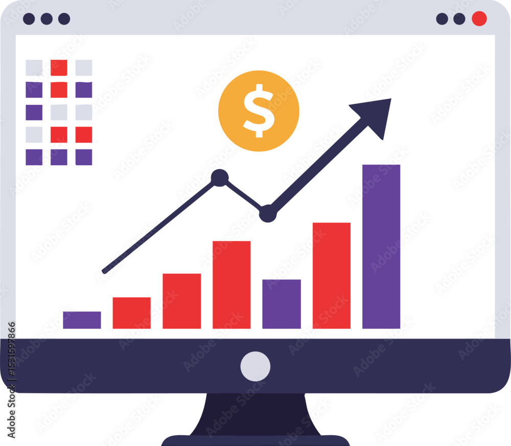 Poster computer monitor displaying financial growth chart with rising arrow and dollar symbol vector illust