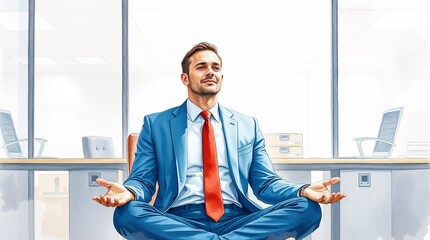 man in a blue suit and red tie, meditating in office environment, seated cross legged pose
