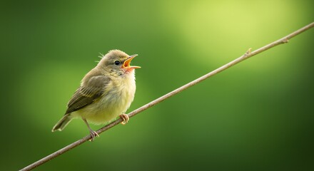 Obraz premium Baby Bird on Branch, Singing, Nature Photography