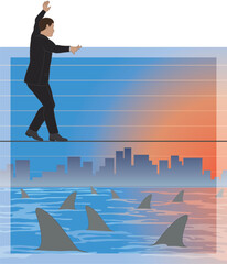 Obraz premium business man walking along tightrope over a sea of sharks symbolizing the concept of balancing crisis and fear
