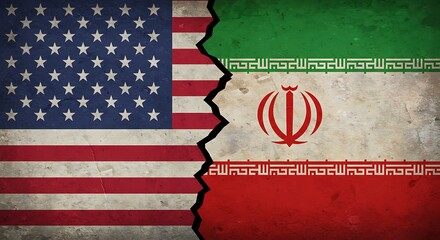 Usa iran relations tension and conflict concept with american and iranian flags divided by crack symbol