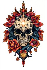 Tattoo art of decorated grinning skull surrounded by frame of flowers and leaves