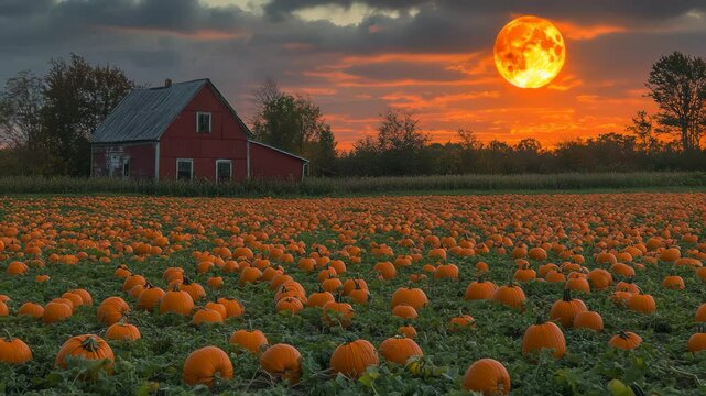 Amidst a sprawling field, bright orange pumpkins stretch across the ground as a magnificent harvest moon rises, illuminating a quaint farmhouse in the background during twilight.