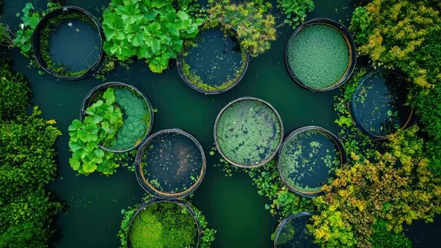Aerial view of various aquatic plants in circular containers floating on dark green water