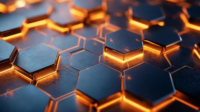 Witness a captivating landscape of hexagonal shapes illuminated by fiery orange highlights, creating a striking visual experience that blends technology and artistry in an abstract realm.