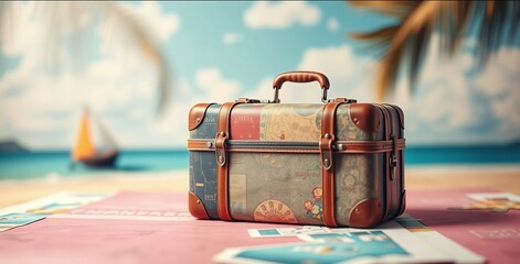 vintage travel suitcase with decorative patterns, on a beach background. Retro styled vacation theme card