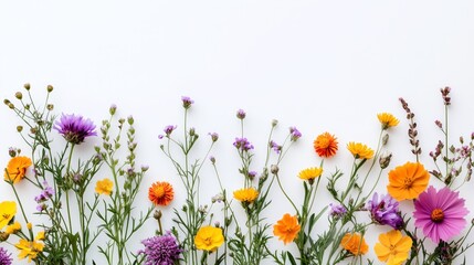 Colorful wildflowers arranged in a vibrant display on a plain background for a cheerful atmosphere