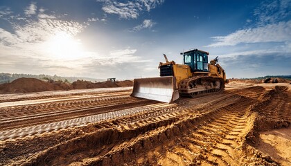 Fototapeta premium bulldozer moving earth on construction site creating ground tracks