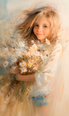 Illustration of a smiling girl holding a large bouquet of wild flowers.
A bouquet of wild flowers in hands.
