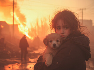 A small puppy in the arms of its owner. The girl carried it out of the fire. Against the background of the fire. Concept - natural disasters.