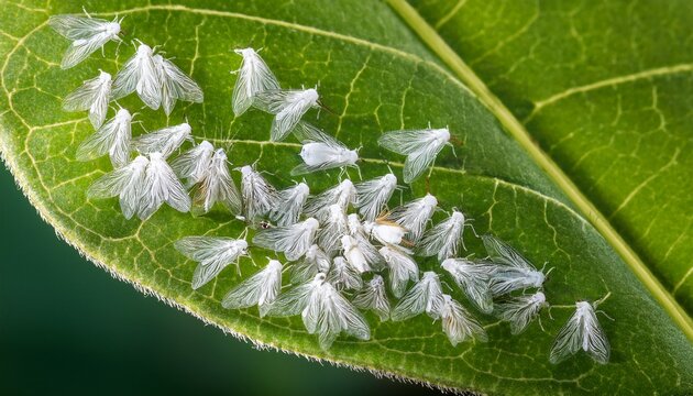 white flies greenhouse pest whiteflies on green leaf