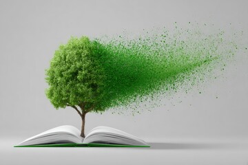 Open book with a vibrant green tree, its leaves dispersing into fragments, symbolizing knowledge and growth