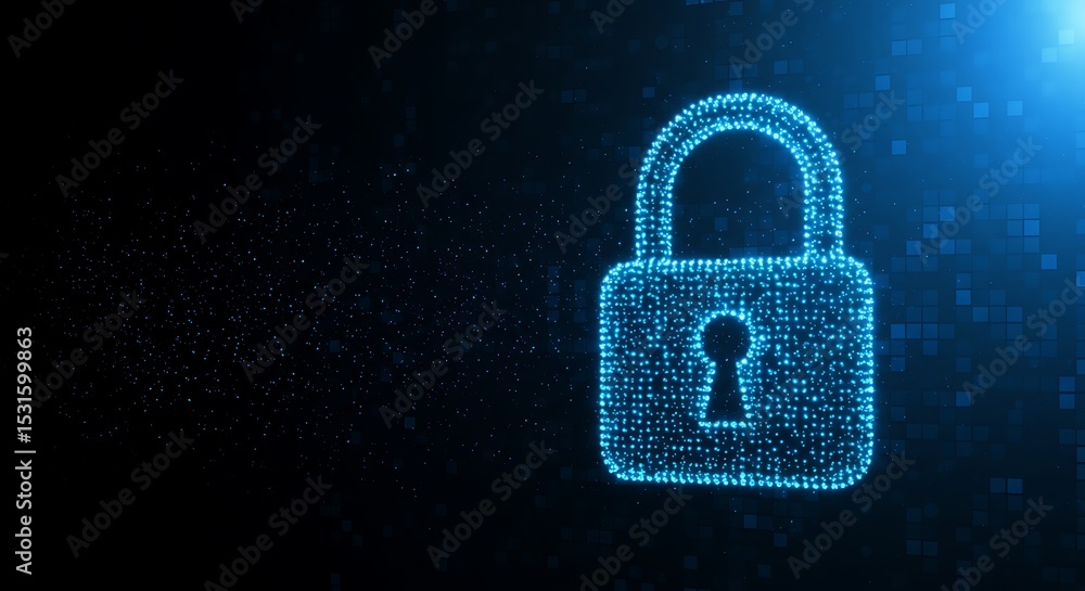 Poster digital security concept glowing padlock icon for data protection and cyber security technology desi