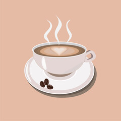 Coffee cup with steam and latte heart on plate, minimal flat illustration