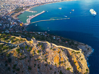 Alanya port at sunset drone view.
