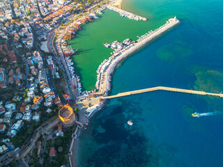 Alanya port at sunset drone view.