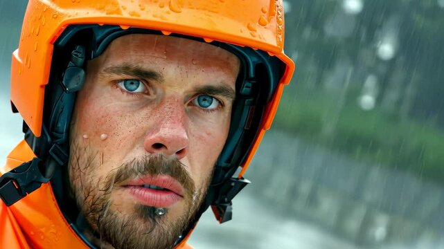 Focused Gaze: A close-up shot of a rugged, determined individual in work attire, eyes locked forward under the veil of rain, emphasizing resilience and resolve.