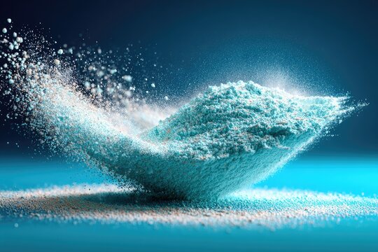 Light-blue powder erupts in a graceful arc