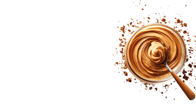 Jar of peanut butter with lid off, swirled texture visible and knife dipped in isolated on white background 