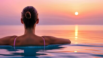 Serenity in the Sunset: A woman embraces the beauty of a serene sunset while immersed in a luxurious pool, finding peace and tranquility in the tranquil waters and the mesmerizing sky. 