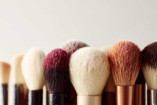 Close-up of makeup brushes in various colors - Powered by Adobe