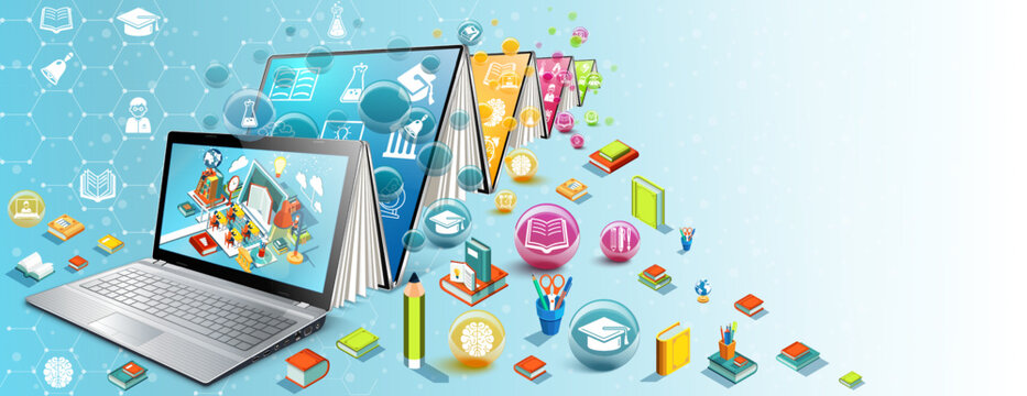 Open laptop transforming into screens with academic symbols. Futuristic online learning concept. Digital education tools and back to school theme. Design for banner, poster, wallpaper, header.
