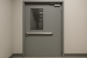 Gray fireproof emergency exit door with wired glass window and panic bar showing a storage room