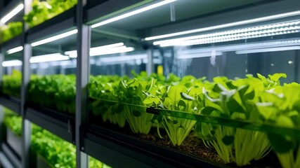 Vertical farm cultivating leafy green vegetables in a controlled indoor environment with LED lighting for sustainable agriculture and urban farming practices. - Powered by Adobe