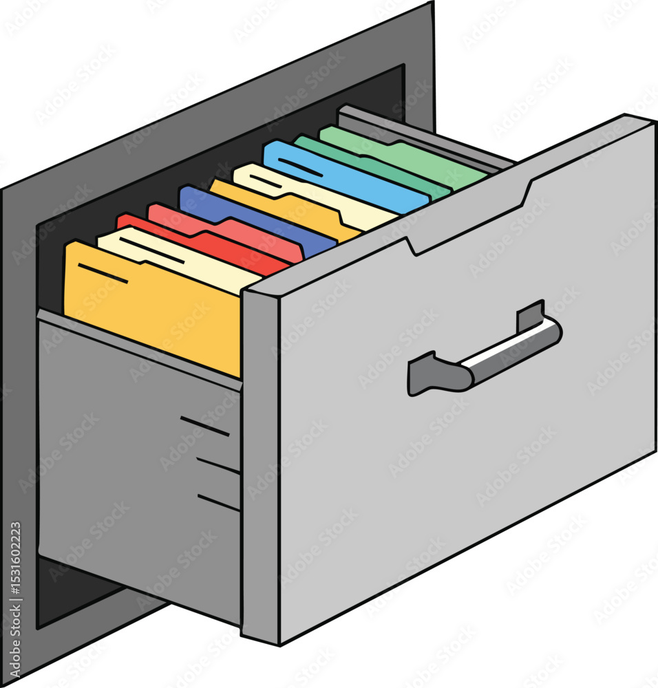 Poster filing cabinet drawer with organized multicolored folders vector illustration for office storage and