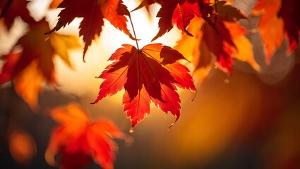 Fototapeta premium Autumn's Embrace Vibrant Red Maple Leaves Basking in Golden Sunlight