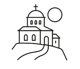 Church with dome and cross on hill under sun - Concept of Greek vector icon  
