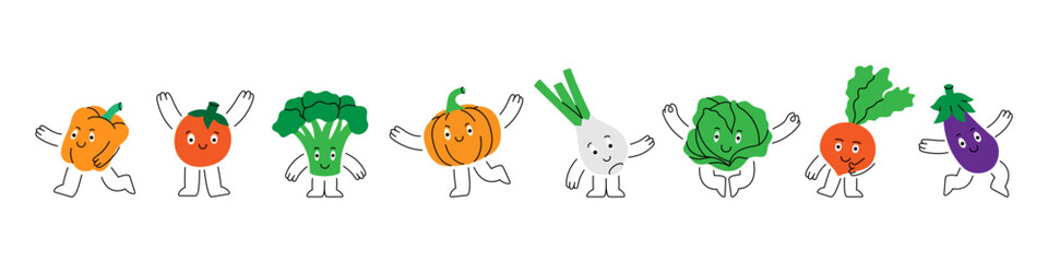 Vegetable characters. Funny vegetable mascots. Different poses and expressions. Healthy eating. Various doodle vegetables sticker pack design.