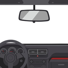 Car interior dashboard steering wheel and rearview mirror vector illustration design 