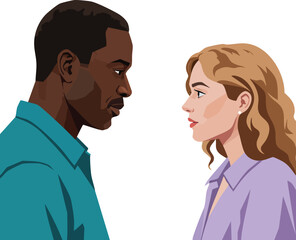 Obraz premium African American man and Caucasian woman face to face communication vector illustration with blue and purple clothing 