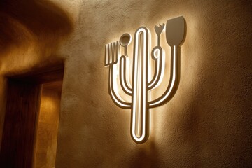 Illuminated cactus sign with utensils, mounted on a tan wall